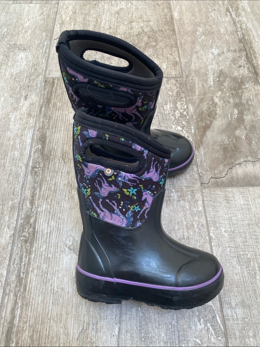 Bogs Kids Black Rain Boots with Purple Unicorn Print